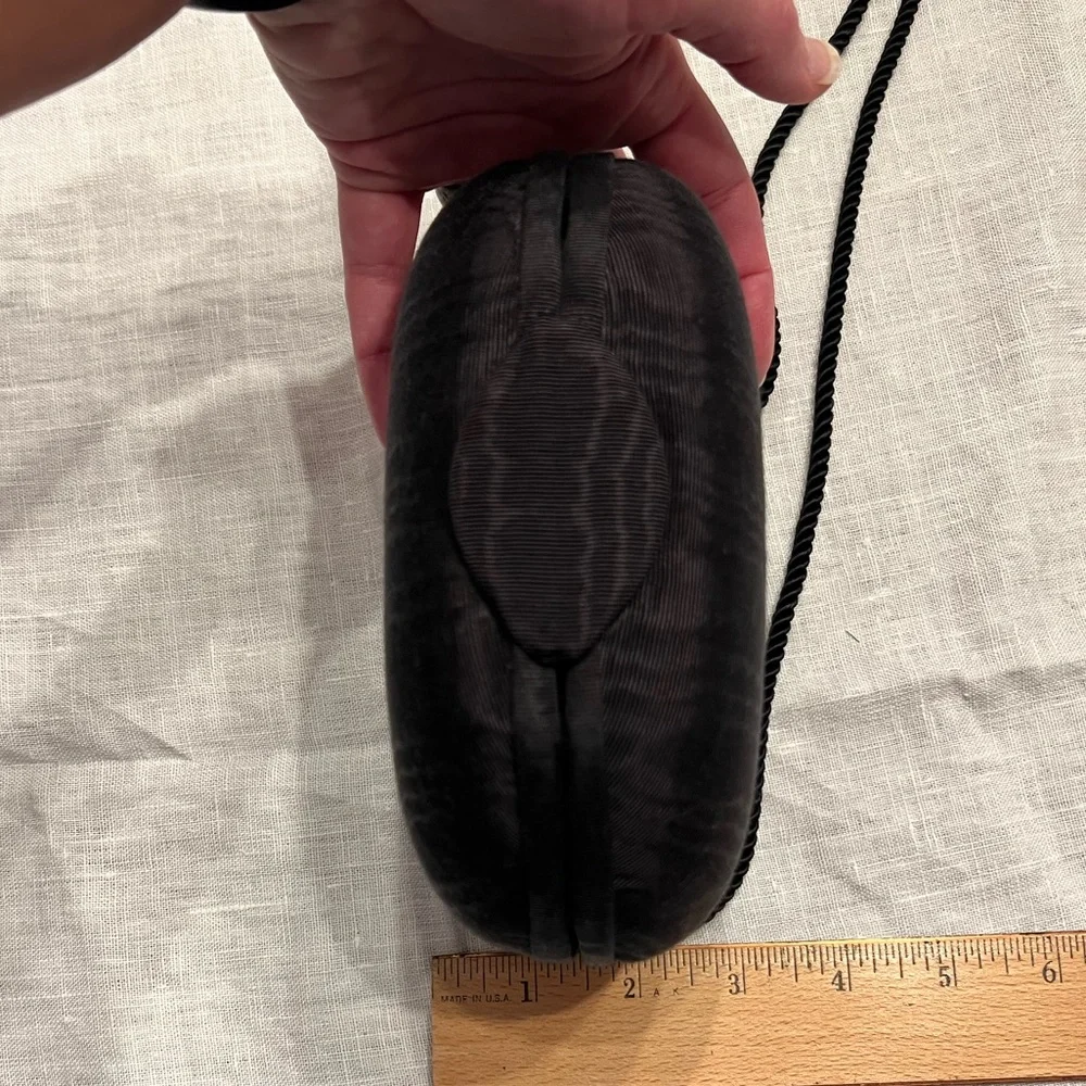 Vintage 90s Whiting and Davis Black Satin Clamshell Evening Bag_2